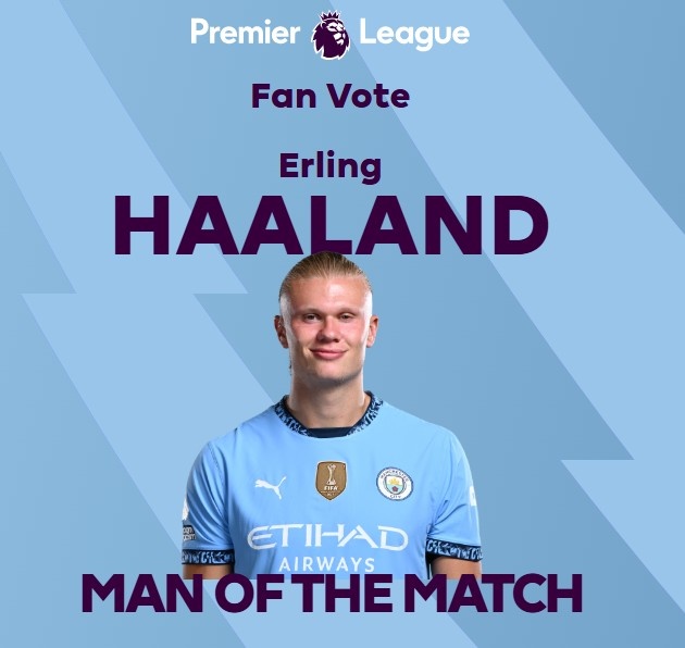 打進致勝球！英超官方：哈蘭德當選曼城1-0熱刺全場最佳球員